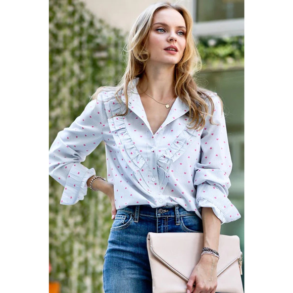 Long Sleeve Cotton Button Up Blouse White Gray Pinstripe Heart Ruffle Medium M - Picture 1 of 10